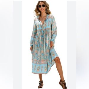 R Vivimos Bohemian Long Sleeve Dress - Sky Blue, Floral